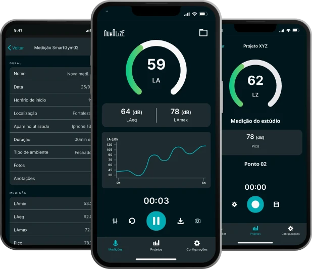 Telas do aplicativo Auralize exibindo medição de estúdio, decibelímetro e configurações