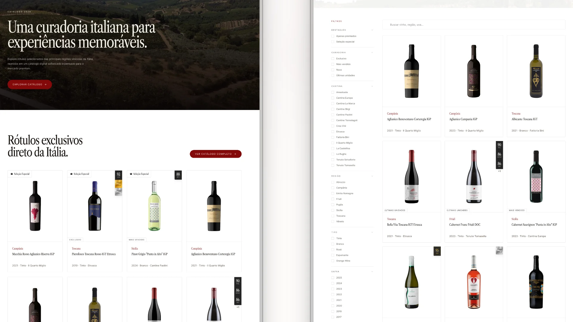 Visão geral da plataforma Realwines: página inicial e catálogo de produtos
